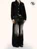 Calça Jeans Flare Preta Retro Americana Yongfang para Mulheres, Alta Qualidade, Corte Solto com Efeito Desgastado e Vintage, Calça Casual Slim