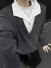 Moletom Masculino de Outono com Padrão de Espiga de Trigo Falso Duas Peças Americano Cleanfit Patchwork Gola Lapela Alta Inteligência Casal Manga Longa