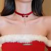 Colar de veludo vermelho com laço de sino feminino, gargantilha de fita de pelúcia, colar com corrente de clavícula, acessórios