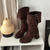 Design Versátil Salto Grosso Botas de Cavaleiro Altas para Mulheres Outono e Inverno Botas de Salto Alto de Camurça Retrô Botas de Moda Maillard