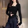[Mano de Obra Original] Camiseta de Otoño Irregular Slim de Manga Larga para Mujer Top Básico Interior Ajustado Corto