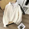 Suéter de Punto Trenzado con Cuello de Camisa Estilo Coreano Falso Dos Piezas para Mujer, Suéter Interior de Punto Holgado y Relajado, Top de Mujer de Moda para Otoño e Invierno
