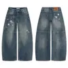 Parche con Estampado de Pentagrama Patchwork Jeans de Pierna Ancha Hombre Verano Nuevo Retro Lavado Sueltos Casual Guadaña Pantalones Largos Mujer