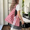 Bolsa de Lona Listrada Dupla Face Estilo Coreano Preguiçoso para Mulheres, Bolsa de Ombro Tote Grande Capacidade para o Dia a Dia, Bolsa Casual de Braço para Estudantes