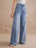 Calça jeans de perna larga bordada com flores, cintura média, europeia e americana, de lavagem clara, jeans solto bordado com flores