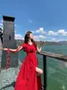 Vestido Retro Francés de Tres Colores con Cinta para Mujer, Nuevo Estilo de Verano, Estilo de Resort Costero, Vestido Largo Ajustado, Rosa