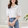 Camisa Khaki de Algodón para Mujer con Mangas Tres Cuartos, Nuevo Estilo Verano 2026, Top de Cuello Solapa, Camisa Casual con Mangas Abullonadas