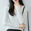 Camiseta básica de punto de manga larga de algodón puro para mujer, suéter de cuello en V, corte ajustado, adecuada para usar como prenda exterior o para capas, nuevo top de punto