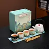 Juego de Té Qianli Jiangshan Cultural y Creativo Tendencia Nacional Pintado a Mano con Tetera de Asa Regalo de Kung Fu para Negocios Caja de Regalo Souvenir Cerámica