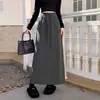 Saia Meia Malha Feminina Outono Inverno Cintura Elástica Cordão Reta Comprimento Médio Saia Casual Fenda Lápis Cinza