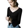 Top chic de nicho con cuello en V, diseño plisado, estilo extranjero, camisa pequeña nueva de otoño, camiseta base ajustada adelgazante