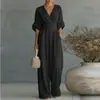Verano 2026 Nueva Ropa para Mujer Estilo Europeo y Americano Transfronterizo Mono Color Sólido Cuello en V Ajustado a la Cintura Pantalones de Pierna Ancha