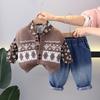 Conjunto de tres piezas de chaleco suéter de estilo occidental para niño, primavera 2024, nueva camisa de flores guapo para niño, jeans de bebé
