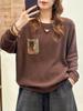 Suéter de Bolsillo Estampado de Moda para Mujer 2025 Otoño Nuevo Tejido de Algodón Suelto Versátil Cuello Redondo Suéter Pulóver