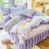 Juego de Colcha de Terciopelo de Leche de Cuatro Piezas Funda de Edredón de Encaje de Invierno Felpa Gruesa de Doble Cara Coral Franela Ropa de Cama