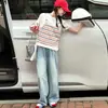 Camiseta de Manga Corta para Niñas de Verano, Estilo Nuevo para Niños Mayores, Camiseta Versátil de Moda con Rayas, Tirantes y Parches, Estilo Coreano