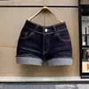 Shorts de mezclilla elásticos de estilo americano para mujer talla extra, con dobladillo enrollado, color azul retro, tiro alto, corte ajustado, pierna ancha, hot pants