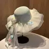 Chapéu de Palha Feminino Verão Fitas Flores Renda Laço Proteção Solar Chapéu de Sol Praia Litoral Proteção UV Chapéu de Sol