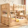 Cama litera pequeña de madera maciza para apartamento, madera natural, pino, cama alta y baja con estantería y cajón, universal para niños y niñas, cama de doble capa