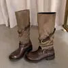 Botas Largas Retro Plisadas para Mujer Hebilla Bloque de Color Botas de Motociclista 2026 Tacón Grueso Caña Alta Botas de Montar Botas Vaqueras Western para Mujer