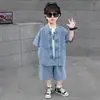 Trajes de Verão para Meninos e Meninas, Macios, Absorventes de Suor, Respiráveis, Algodão Puro, Novos Trajes de Verão Jeans Dois Peças Estilo Chinês Novo, Novos Trajes Infantis