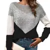 Suéter de Gola Redonda com Cor Contrastante Outono e Inverno Europeu e Americano Transfronteiriço Corte de Exportação Combinação de Cores Casual Top Feminino Camisa de Manga Longa