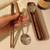 Juego de Palillos y Cuchara de Madera Maciza Coreana con Caja de Almacenamiento Portátil, Estilo Retro, para Una Persona, Estudiante, Oficinista