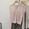 Camisa de Malha Fina Ice Silk Azul com Proteção Solar para Mulheres Verão 2025 Novo Estilo com Camisola Cardigã Pequeno Xale Peça de Roupa Externa