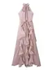 Elegante vestido largo tipo bufanda transfronterizo de estilo francés con cuello de corbata, ceñido a la cintura, dobladillo con volantes