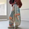 Jeans Feminino 2026 Design Divertido Retro Americano Estampa de Urso, Calça Wide Leg Vintage Solta Comprida Tendência