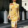 Transfronterizo Nuevo Estampado Digital Casual Personalidad Moda Temperamento Vestido de Manga Larga Hombros Descubiertos Falda Primavera y Otoño Mujer