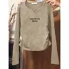 Camiseta de mujer de algodón puro con cuello en V, manga larga, diseño único, pliegues laterales, ceñida a la cintura, corte ajustado, color caqui, top de otoño