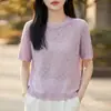 Camiseta de Punto Jacquard Redonda de Manga Corta Estilo Francés Elegante para Mujer, Nuevo Modelo 2026, Cómoda, Transpirable, Adelgazante y Elegante