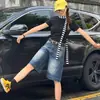 Shorts Jeans Vintage Lavado Azul para Mulheres, Verão Tamanho Plus Estilo Coreano Soltos Retos de Perna Larga Comprimento no Joelho