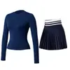 Traje Deportivo, Ropa de Yoga, Falda de Tenis Elástica de Manga Larga, Top de Running Fitness Ajustado de Secado Rápido que Moldea el Abdomen, Deportes de Tenis