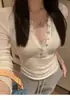 Suéter de Punto Canalé Semi-Transparente de Lana e go studio con Ribete de Encaje de Pestañas y Mangas Largas Abotonadas Top Deseo Puro