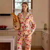 [História de Frutas] Pijama Estampado 100% Algodão para Mulheres, Conjunto de Roupa Caseira de Algodão com Gola e Manga Longa para Primavera e Outono, Que Pode Ser Usado Fora