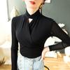 Top de Manga Larga con Cuello Colgante Otoño e Invierno Nuevo Camiseta Base de Malla Cruzada Estilo Occidental Camisa Pequeña Elegante Interior