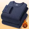 Conjunto de roupa íntima térmica masculina para outono e inverno feito de veludo alemão, camiseta base de fleece dupla face aquecedora de gengibre quente, blusa e calça térmicas listradas masculinas