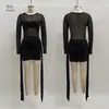 Vestido Corto Sexy de Malla con Parches y Mangas Largas para Mujer, Otoño 2025, Transfronterizo Europeo y Americano