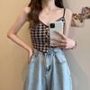 Camisola Pequeña de Punto con Estampado Houndstooth Vintage para Mujer Ropa Interior Nuevo Diseño Verano 2024 Top Corto de Nicho