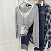 Azul claro Chic Reductor de edad Falso de dos piezas Camiseta básica de punto para mujer Otoño Top de manga larga Moda coreana Suéter suave y ceroso