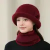 Sombrero cálido de pelo de conejo para mujeres de mediana edad y ancianas, gorro de lana tejido para otoño e invierno, sombrero tipo cubo a prueba de frío de abuela, conjunto de calentador de cuello para mamá