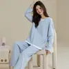 Conjunto de pijama de duas peças, cor sólida, manga longa e calça comprida, 100% algodão, gola redonda, pullover, conjunto de duas peças para casa feminino, cross-border para live-streaming