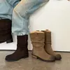 Botas femininas de cano médio em couro bovino envelhecido, novo estilo outono e inverno, couro genuíno, bico redondo, para calçar sem cadarço, salto médio robusto, botas únicas vintage envelhecidas para mulheres
