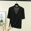 Camiseta Modal Nova Patchwork Gola V Manga Cinco Pontas Feminina Verão Tamanho Grande Elástica Camada Base Solta Casual