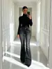 Nuevos jeans acampanados con bigotes en negro y gris, alta elasticidad, tiro bajo, que cubren la cadera, extralargos, de campana hasta el suelo, suministro de moda femenina transfronteriza