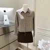Camisa Rayada Azul/Marrón, Top Corto Ajustado, Color Café, Directo de la Fábrica de Origen, Mezcla de Algodón sin Elasticidad