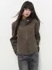 Chaqueta de cuero retro gris-verde-marrón con cuello alto, corte ajustado, para mujer, diseño de otoño, adelgazante y versátil, chaqueta corta de cuero