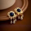 Brincos de Pérola Retrô Originais para Mulheres, Nicho de Luxo, Brincos Estilo Palácio Medieval, Pino de Prata 925, Lápis Lazúli Personalizado
